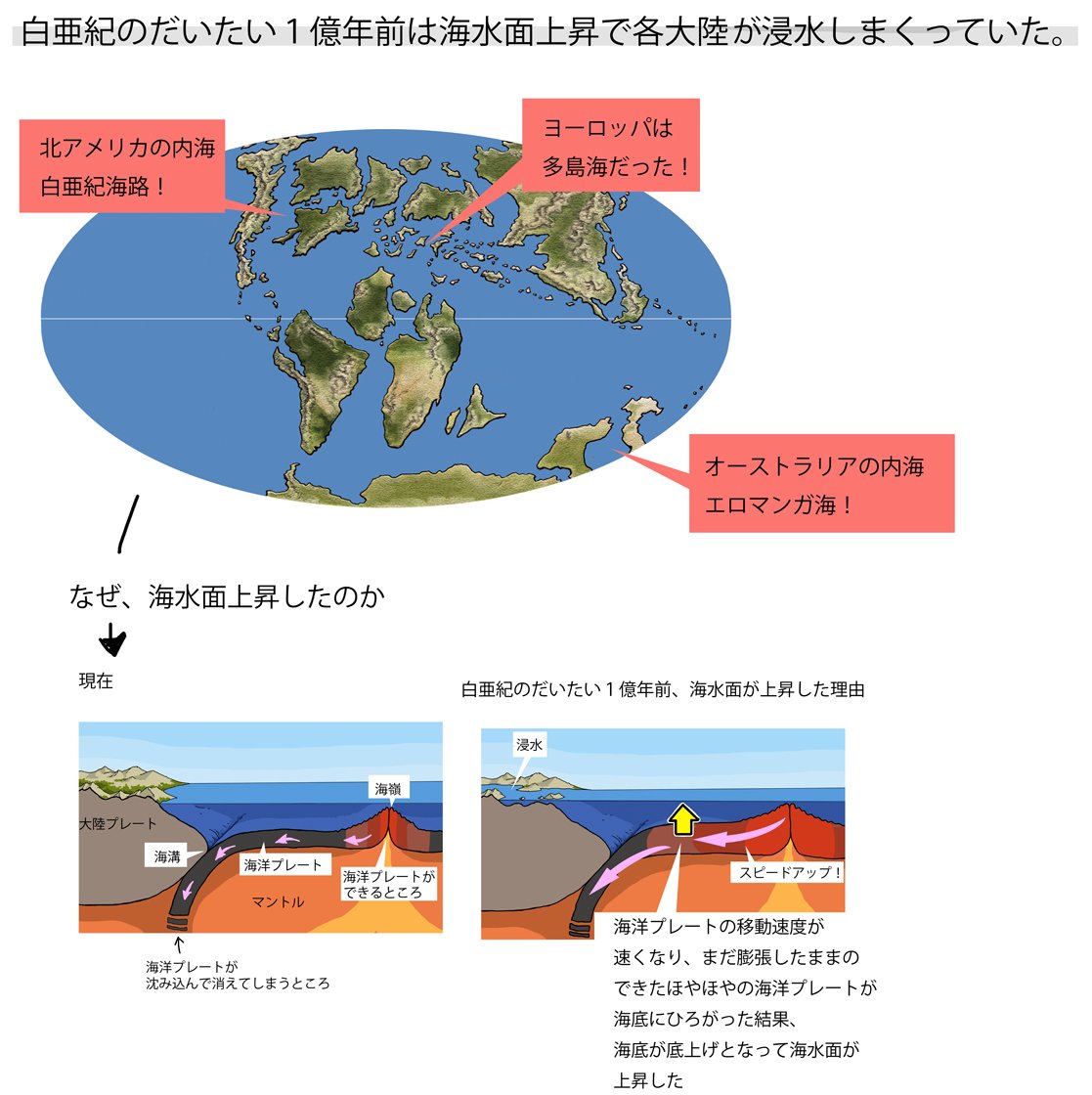 Twitter 上的 川崎悟司 恐竜時代真っ最中の白亜紀のだいたい１億年前は海水面がたいへん高く 各大陸の浸水は著しかったらしい 北アメリカ大陸を東西に分断する白亜紀海路 オーストラリアにはエロマンガ海という内海があり ヨーロッパは 多島海だった なぜ海水