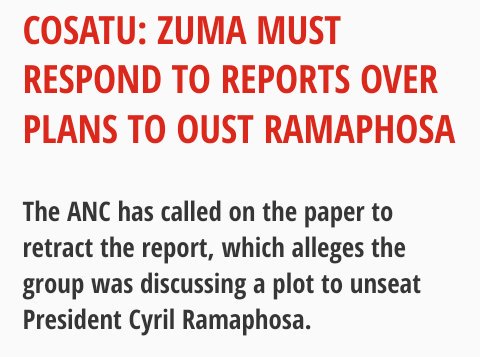 themankhosi's tweet photo. So according to @_cosatu and some @MYANC NEC members @PresJGZuma is not allowed to meet with his own @Magashule_Ace comrades.
Yet Cosatu and Cyril are allowed to meet with the Oppenheimers who looted our $3.5 BLN and gave Cyril $500 MLN to start a business #Hypocrisy #WMCpuppet https://t.co/NLKjDdMJbX