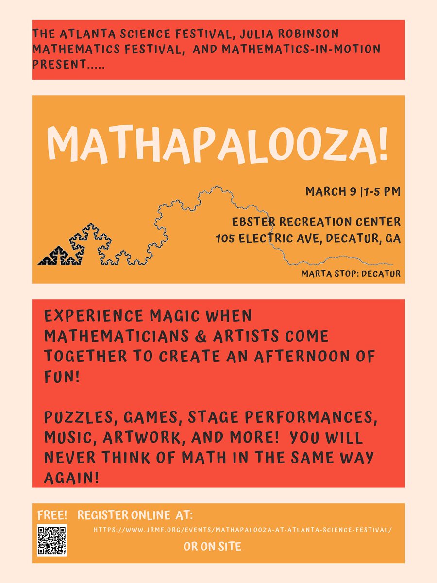 gctm_math's tweet photo. Mathapalooza, Mar 9, as part of the Atlanta Science Festival, at Decatur's Ebster Recreation Center. https://t.co/eWfNHpIO4r FREE! • Puzzles and games • Magic • Mathematical courtroom drama • Music and dance • Artwork • Soap bubbles • origami • virtual reality and more! https://t.co/bYwIUtX8HF