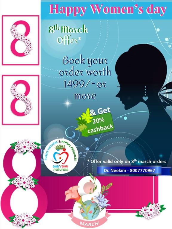SmilenSmile1's tweet photo. Happy Women's Day in advacne!

Women's Day Special Offer - 8th March

Book your order worth 1499/- or more and get flat 20% cashback!!

Note that offer is only valid on 8th March orders. And this offer is not valid for resellers https://t.co/bv7C0VnNb6