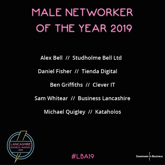 Who has been seen most on the networking circuit and working the room? 

Vote for 'Male Networker of the Year' in the Lancashire Business Awards 2019 here: buff.ly/2AsF6C0 

#LBA19