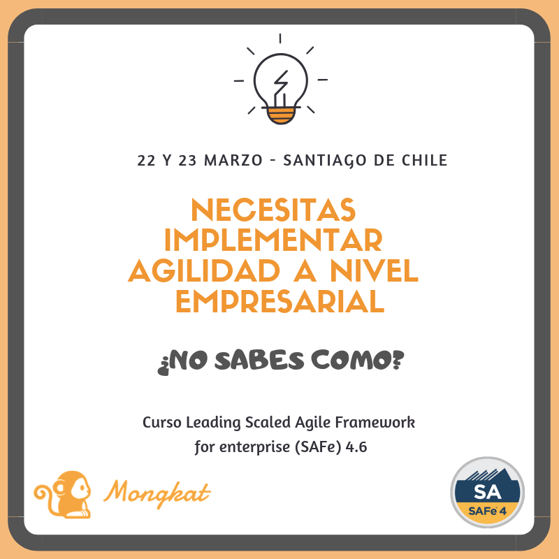 MongkatLA's tweet photo. SAFe 4.6
Aprende los principios y las prácticas de SAFe, cómo ejecutar y liberar valor a través de Agile Release Trains, y lo que significa liderar una transformación Lean-Agile a escala empresarial

Marzo: 22 y 23 - Santiago de Chile
https://t.co/b5H9xHkfcF …
info@mongkat.com https://t.co/zBz1KdSqot
