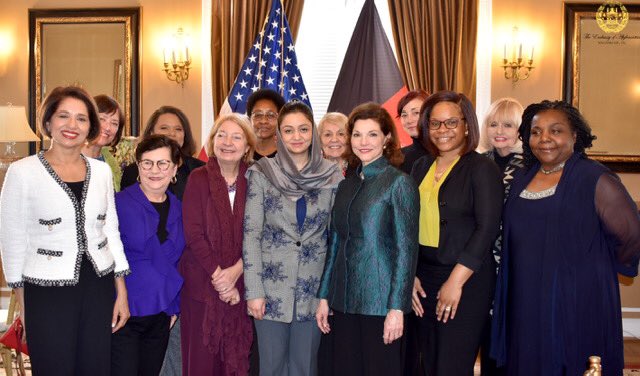 OfficialAWIU's tweet photo. AWIU Members meet with Ambassador @RoyaRahmani at the @Embassy_of_AFG in DC to discuss educational opportunities for women and girls in advance of the International #WomenofCourage Awards. Thank you, Ambassador. https://t.co/ld3Rc6pp7B