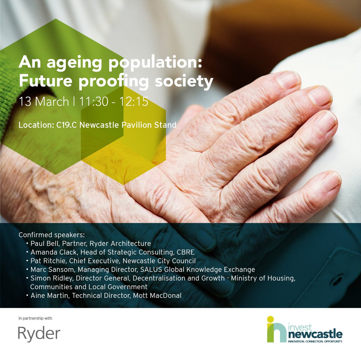 <a href="/Marc_SALUS/">Marc Sansom</a> will be chairing for <a href="/Tynetoinvest/">Invest Newcastle</a> at <a href="/MIPIMWorld/">MIPIM</a> 13 March 

Panel consists of professionals from <a href="/Ryder1953/">Ryder Architecture</a> <a href="/CBRE_UK/">CBRE UK</a> <a href="/NewcastleCC/">Newcastle City Council</a> <a href="/LP_localgov/">Local Partnerships</a> and <a href="/MottMacDonald/">Mott MacDonald</a> 

The session will be exploring healthcare, innovation and the challenges created by an ageing population