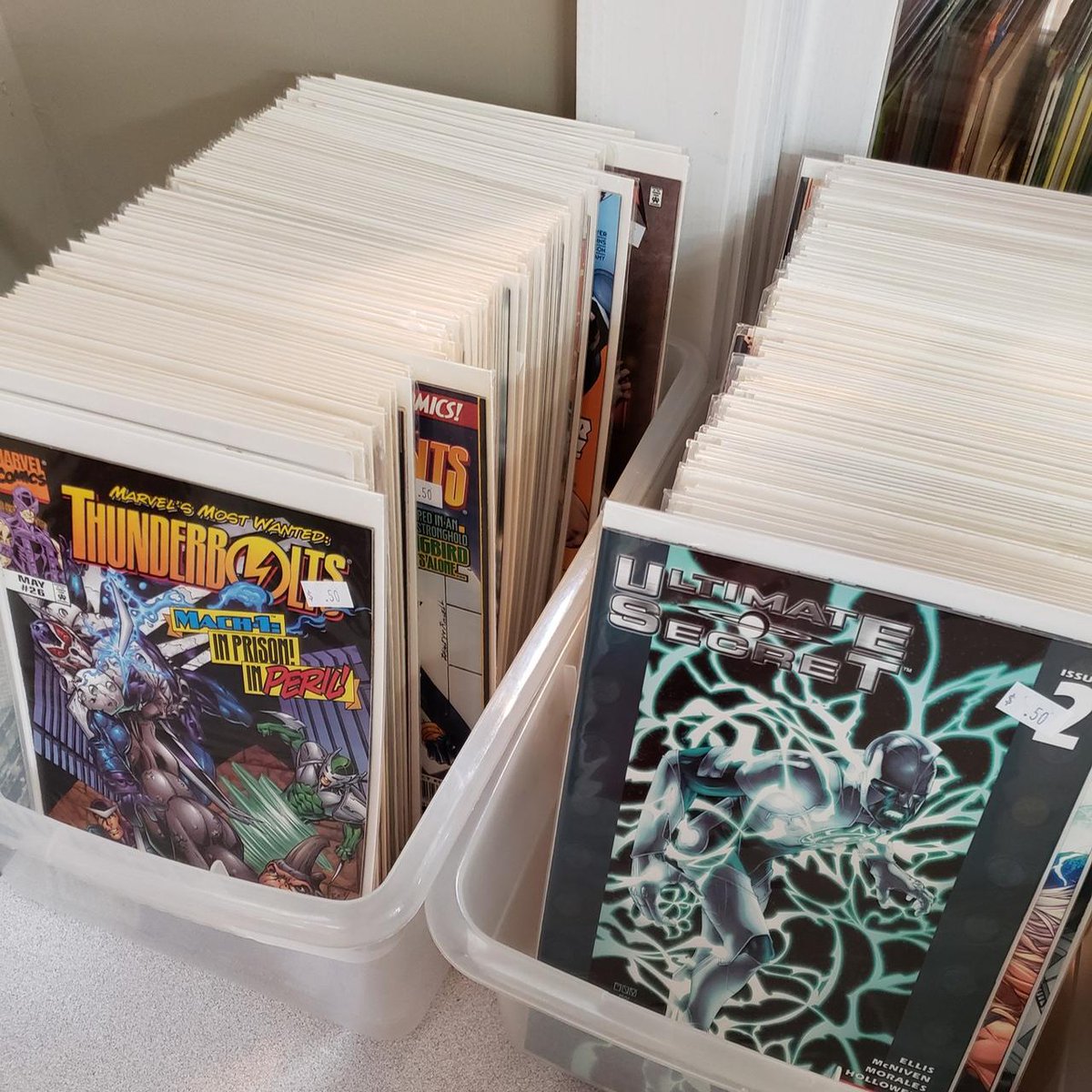 JuliasCoffee's tweet photo. This just in! TONS of new @marvel comics have just arrived and they are is GREAT condition! Prices start at .50 so come and get them before #Thanos does! #marvel #marvelcomics #Thor #Hulk #Ronin #StarLord #DrinkItReadItBuildIt #MarvelIt https://t.co/Bvuvg53bgG