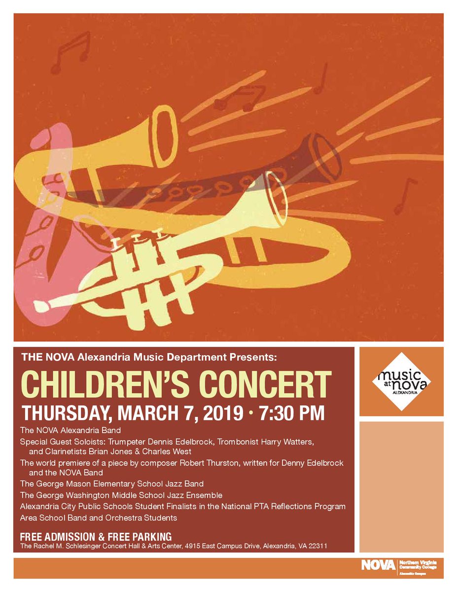 The NOVA Alexandria Music Department presents its Children's Concert
Thursday, March 7, 2019
7:30pm
FREE to the public
blogs.nvcc.edu/almusic/ensemb…
