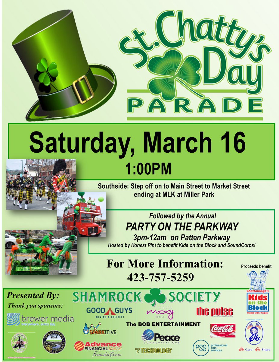 st_chatty's tweet photo. Hope to see you on Saturday, March 16 to celebrate St. Patrick's Day in downtown Chattanooga! https://t.co/pOCOxv5Wok
