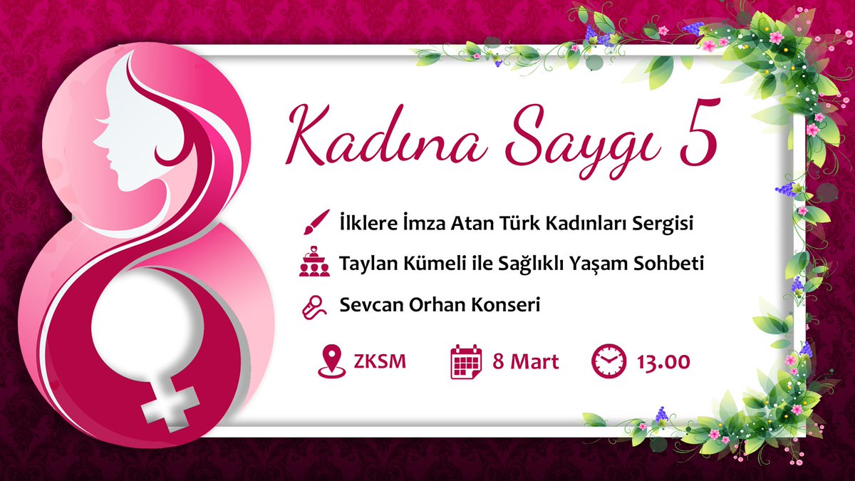 8 Mart Dünya Kadınlar Günü'nde <a href="/zburnukadnmecls/">Zburnu Kadın Meclisi</a>'nin gerçekleştireceği "Kadına Saygı 5" programına tüm hanımlarımız davetlidir. 💐

🗓 8 Mart Cuma
🕑 13.00
📍 ZKSM

#8MartGeliyor #8Mart #KadınlarGünü