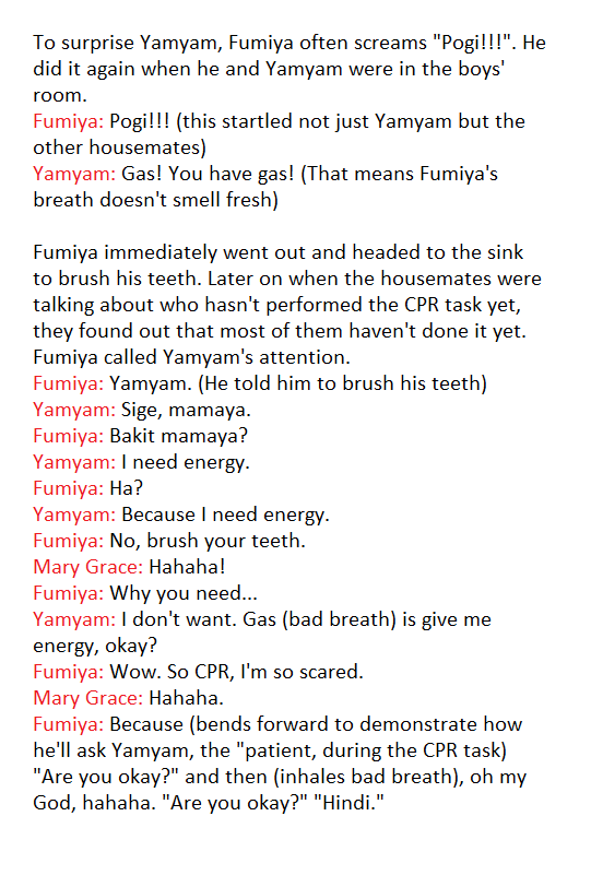 RiAhTwo's tweet photo. (From LS early today) 

Yamyam refused to brush his teeth after Fumiya requested him to do so in preparation for their CPR task. 

Their hilarious conversation below.

#PBBPinoyBigB8ttleRound1 
FumiYam https://t.co/pIIMcLOuJL