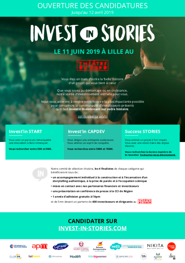 InvestInStories's tweet photo. Invest In Stories recrute ! 
Suite à notre édition 2018 nous avons décidé de poursuivre l’expérience. 
L’évènement aura donc lieu le 11 juin 2019 à Lille, cette fois-ci au Théâtre du Nord. #1 https://t.co/ox9aMWJaTt