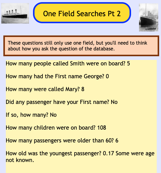 WrightICT's tweet photo. Y4 @KingswoodParksP have been interrogating a #J2Database of the Titanic's passengers to answer questions. They have great and not one of them would swap the database for 1317 card records to do this! Trickier searches next week. I'm sure they'll crack them. https://t.co/RWsgBiyK5x