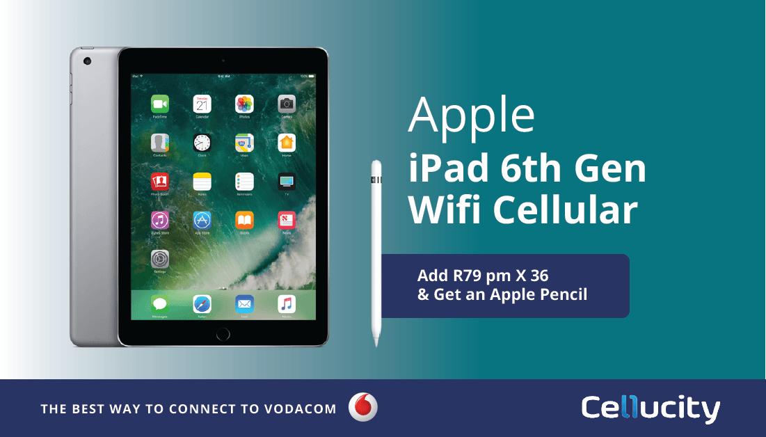 Cellucity's tweet photo. Fancy THIS! Get the iPad 6th Gen Wifi/Cellular for R349 pm x 36 and you'll receive 2GB of data pm! Add R79 pm x 36 to get an Apple pencil! 
View more information here > https://t.co/cfz02CXRPA

 #AppleSA #iPad @Cellucity https://t.co/MMuHHVoXjm