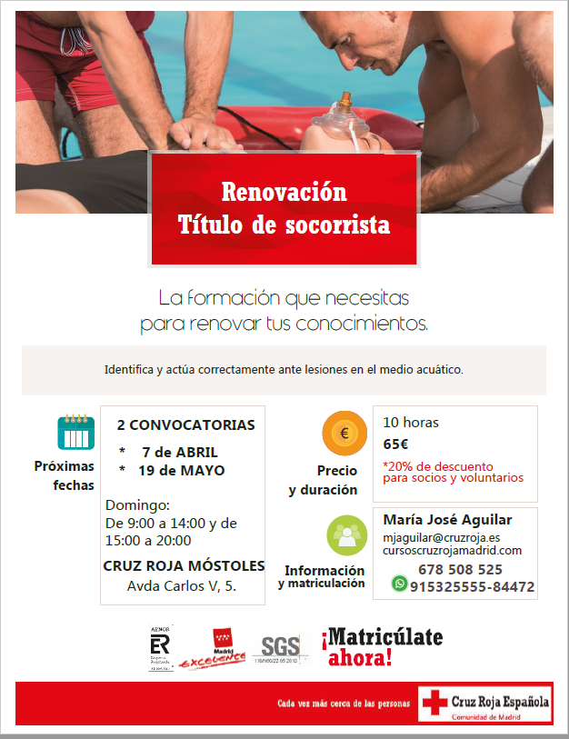 CruzRojaMostole's tweet photo. Próximo Curso de Renovación Socorrista (1ª Convocatoria)
➡ Inicio: 07/04/2019
➡ Fin: 07/04/2019
Para más información: https://t.co/NSQp1iRklS
🙎de contacto: María José Aguilar.
☎️ 913-30-88-35 📩 mjaguilar@cruzroja.es
#FormaciónCR #Móstoles #SocorrismoAcuático #Piscina https://t.co/Awr5l3PqKM