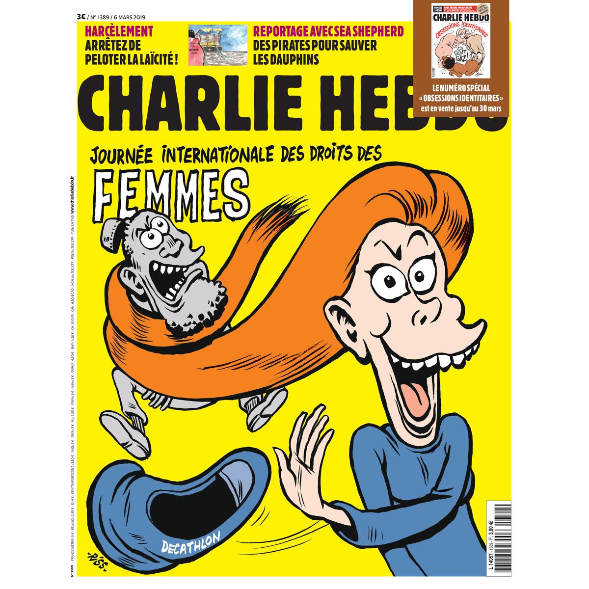 Charlie_Hebdo_'s tweet photo. En kiosque et sur ➡️ https://t.co/5SPrx5Rgmh :

🏃‍♀️ #JourneeInternationaleDesDroitsDesFemmes et @Decathlon 
🤜 #Harcèlement : arrêtez de peloter la #laïcité !
🐬 #Reportage avec @SeaShepherdFran : des pirates pour sauver les dauphins https://t.co/xMjFlGsbQ2