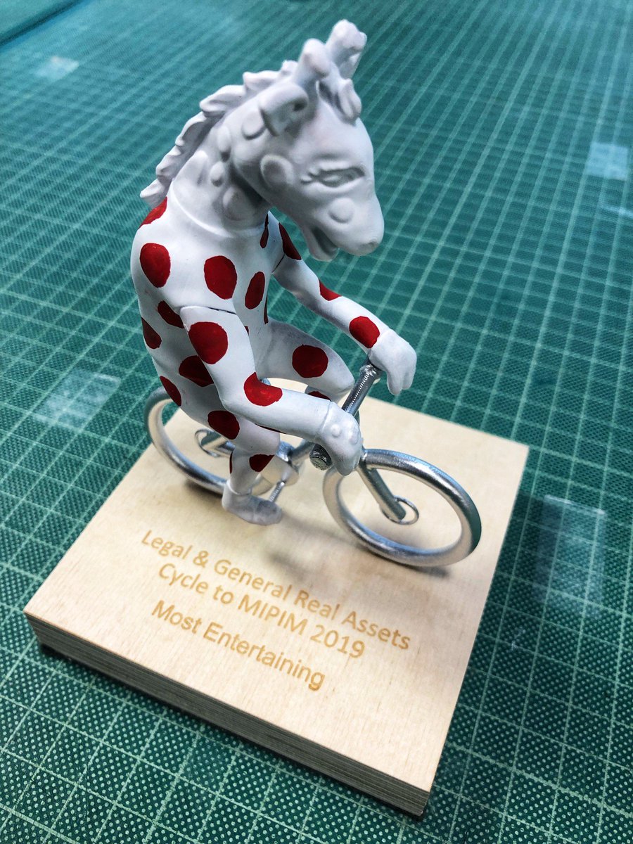 MakeArchitects's tweet photo. The kit's laid out, the bikes are prepped, the riders are gearing up for the annual #CycletoMIPIM. But are they ready for these?? @Coram's special mascot trophies. Here's hoping Make cyclists' @stuartcfraser &amp; @BillWebbUK don't pick up the 'Most Entertaining' trophy. #MIPIM2019 https://t.co/pALxXMJgnz