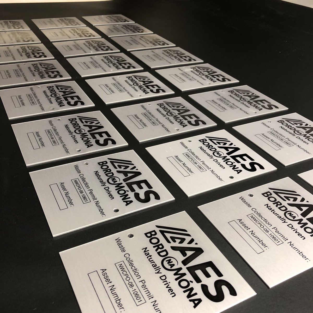 New batch of serial number Plates created from fabrication grade aluminium. Plates include drilled holes and desired print.

For more information on products and services contact Novah Signs: Tel: 028 8554 9639  E:info@novahsigns.com