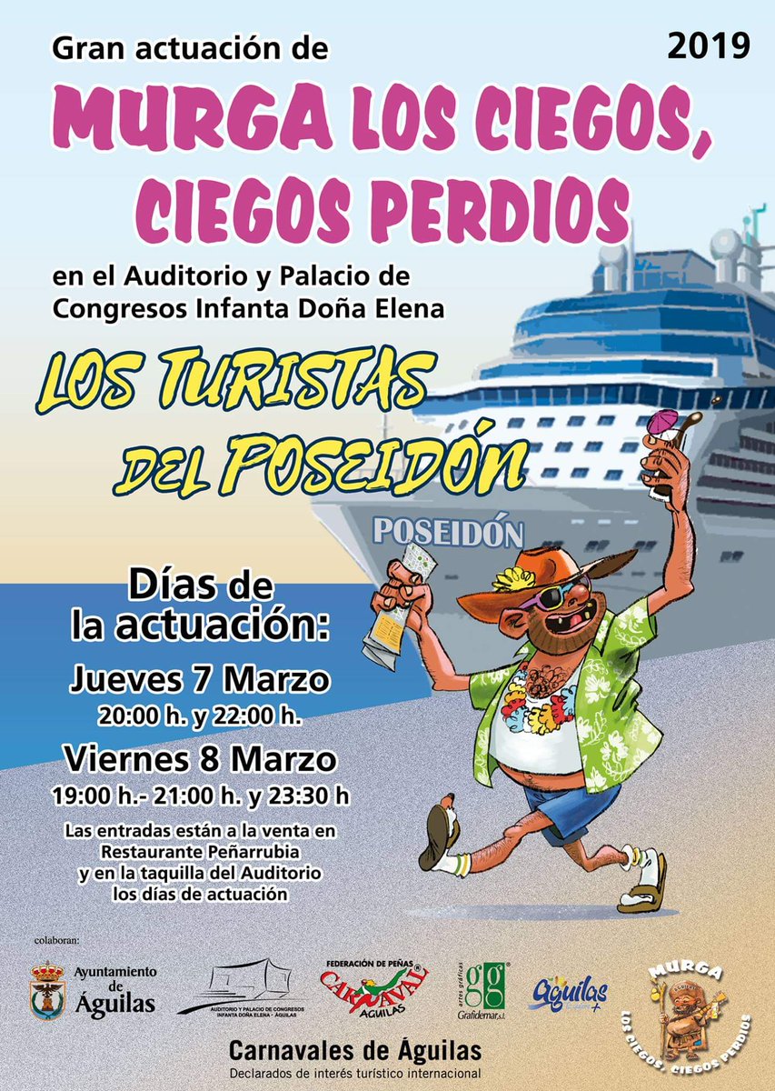 Se acerca el GRAN DÍA 🤪🤩

Para los que aún no tenéis entradas, podéis conseguirlas en Bar restaurante Peñarrubia.

¡Vamossssss TURISTAS!
¡Aún estáis a tiempo Amig@s!

#MurgaLosCiegos2019 #Carnaval2019
