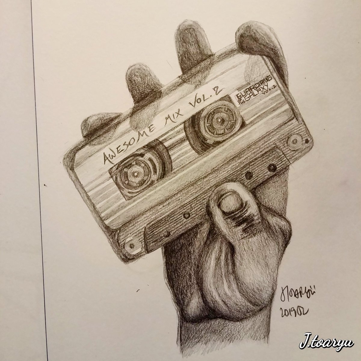 JToaryu's tweet photo. #guardiansofthegalaxy #Marvel #awesomemixvol2 #hand #shadow #Cassette #drawings #art #Pencildrawing #pencilart #pencilsketch #doodle #sketch #blackandwhite #film #2019march https://t.co/Fp1hKXxHE7
