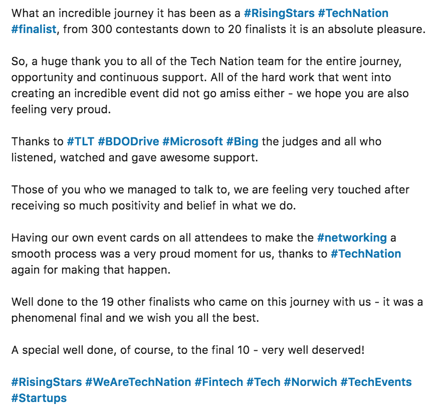 We can't say thank you enough for an absolutely brilliant opportunity, it was great to be within such a strong final. What we are all doing has the power to succeed at great heights and I wish you all the very best! <a href="/TechNation/">Tech Nation</a> <a href="/TLT_LLP/">TLT LLP</a> <a href="/BDODriveUK/">BDO Drive</a> <a href="/bing/">Bing</a> <a href="/Microsoft/">Microsoft</a> 😁📱🤳