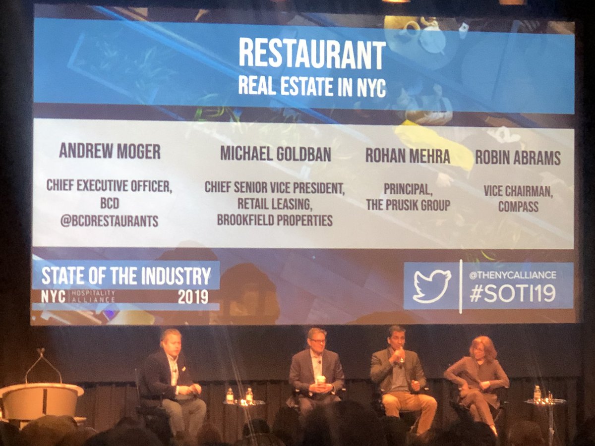 MicrosNYC's tweet photo. Great panel discussion with Andrew Moger from @BCDRestaurants , Michael Goldban from @BrookfieldProp , Rohan Mehra from @PrusikGroup , &amp; Robin Abrams from @compassgroupusa     #SOTI19 @theNYCalliance https://t.co/BmTyjOlji2