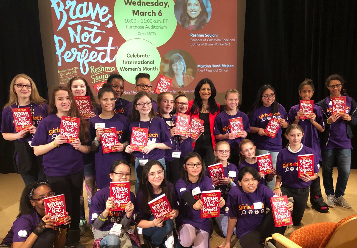 reshmasaujani's tweet photo. Meeting the future changemakers of our country has truly been the highlight of my #BraveNotPerfect book tour. Look at these stars!!! 

This morning, I’m talking bravery with @MastercardNews CFO, Martina Hund-Mejean. https://t.co/wktVMaSUuA