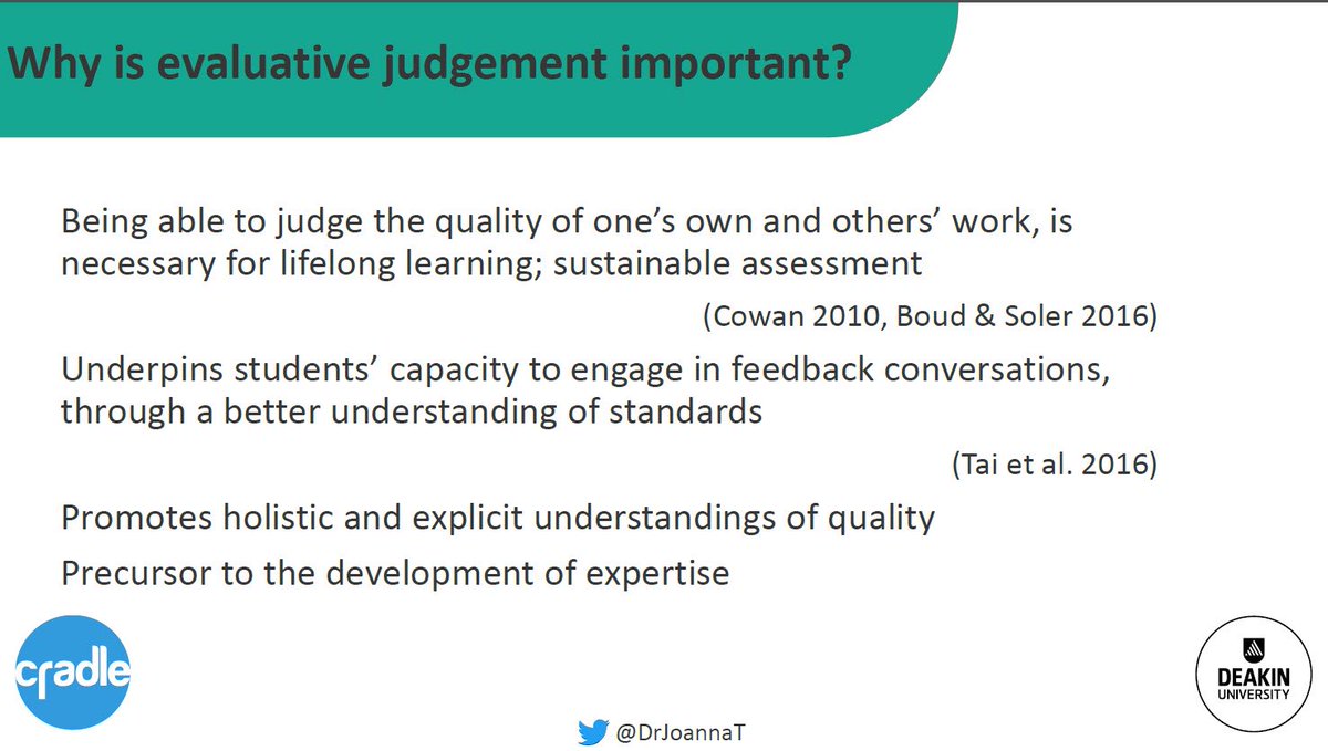 bastrimbos's tweet photo. Do you want to know why Evaluative Judgement is important and how it fits in with other ideas? Have a look at @DrJoannaT 's presentation: https://t.co/mKegy7OjAS … #quality #evaluativejudgement #CRADLE https://t.co/huaK5YHKAV