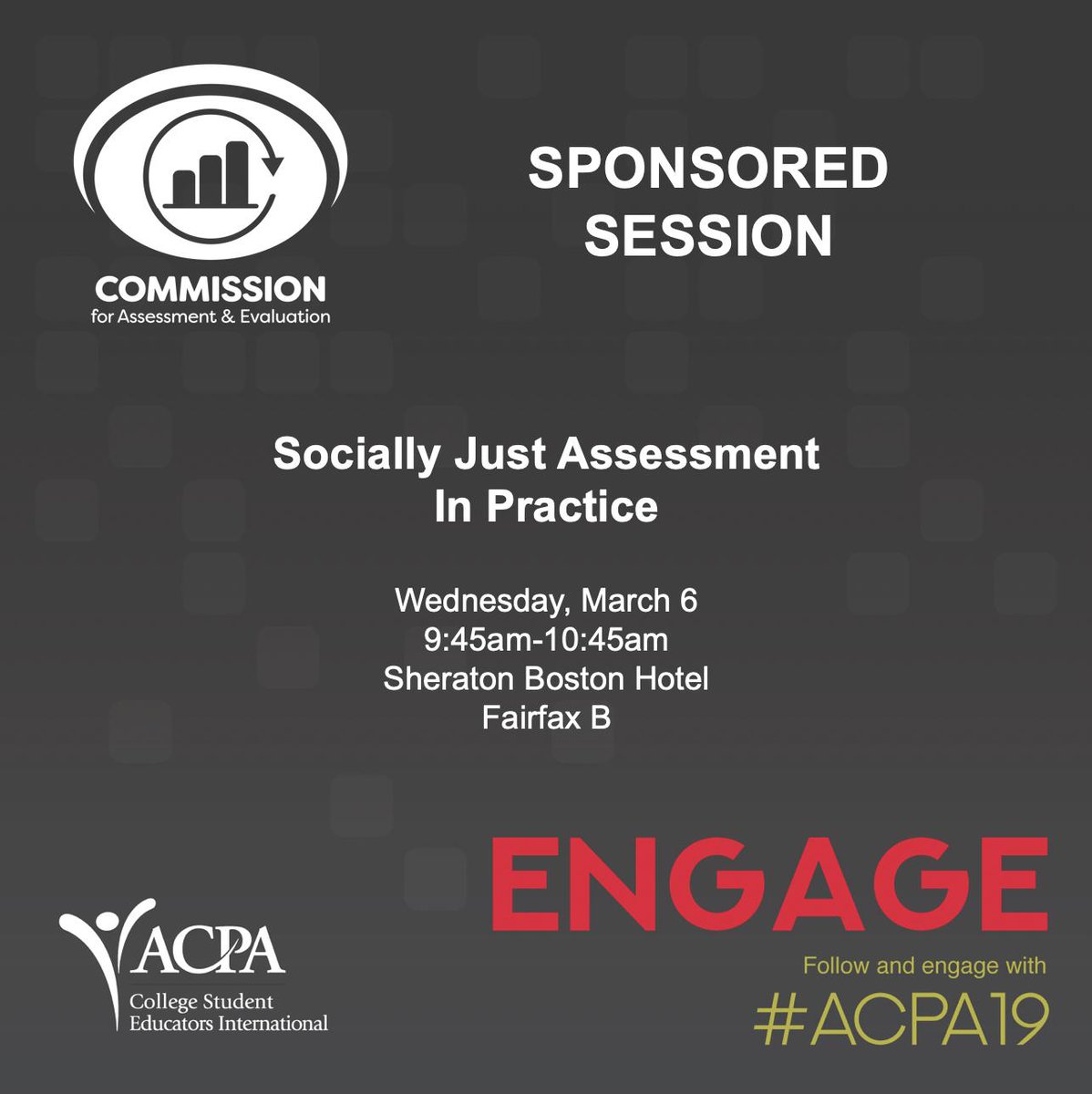 Make sure you get the most out of your last day at #ACPA19! Stop by our last sponsored session where <a href="/gavinhenning/">Gavin Henning</a> and <a href="/AnneELundquist/">Anne E. Lundquist</a> will be presenting on socially just assessment in practice at 9:45am at Sheraton, Fairfax B #SAassess