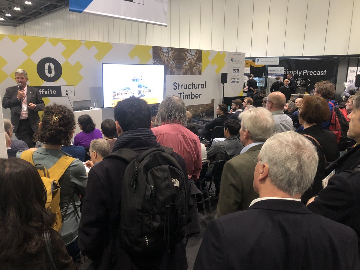 Standing room only at the #ExploreOffsite Structural Timber &amp; Volumetric Modular Seminars at <a href="/FuturebuildNow/">Futurebuild</a> with <a href="/Wood_for_Good/">Wood for Good</a> @val_u_therm @timberframetec <a href="/MPBAUK/">Modular and Portable Building Association (MPBA)</a> <a href="/ContainerCityTm/">Container City</a> @ISOspaces &amp; QED.