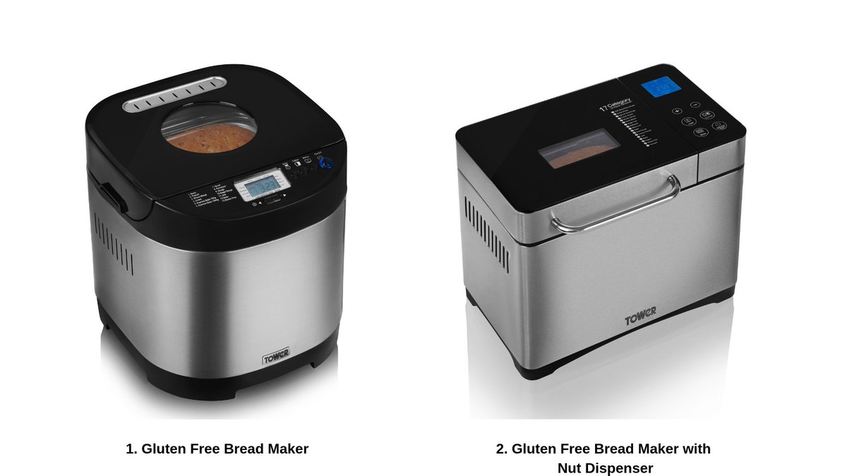 TowerHousewares's tweet image. A head to head of two amazing Gluten Free Bread Makers! 
Smooth, round design with simplistic controls vs a defined rectangular shape and an additional nut dispenser. Which one fits your kitchen style?
#breadmakers #bread #glutenfree #kitchenappliances #kitchenstyle