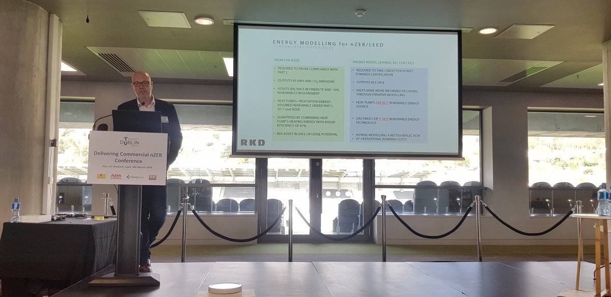 AndrewPassivate's tweet photo. Sean Hogan of RKD discussing the different outputs of NZEB and LEED assessments and the pros and cons of each #corknzebconf2019 @WeAreTUDublin https://t.co/t5GvKngj0T