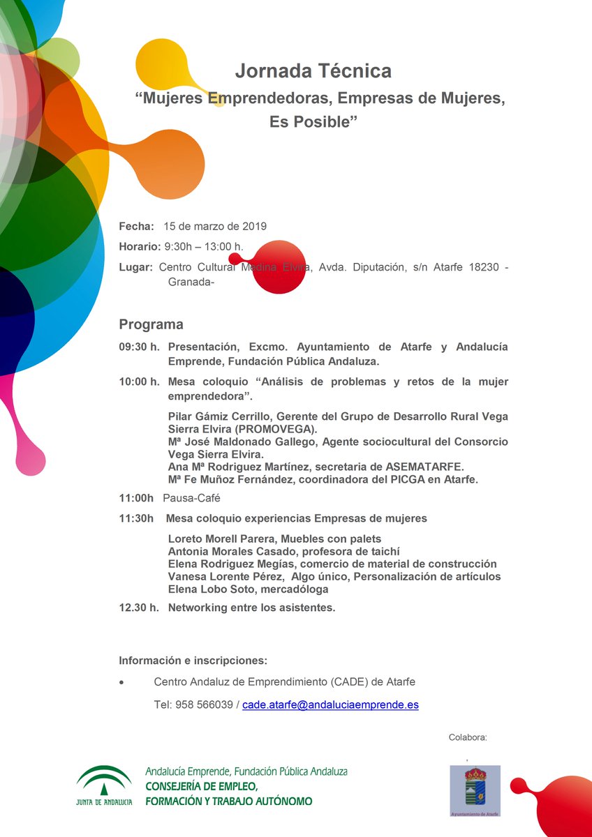 AytoAtarfe's tweet photo. El #CADEAtarfe organiza el 15 de marzo, con motivo del #DiaInternacionalDeLaMujer, una jornada de empleo para analizar los problemas y retos de la mujer emprendedora. Habrá ocasión de conocer experiencias de empresas dirigidas por mujeres https://t.co/5qeMbjfpFA