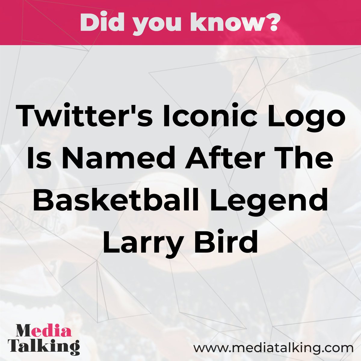 MediaTalkingIN's tweet photo. Twitter's iconic logo is named after the basketball legend Larry Bird
@larrybird #bird #logo #basketball #sport #sports #legends #bird #iconic #game #games #players #twitter @twitter #named #legend #user #experience #ux #search #mediatalking #talking #marketing #media #branding https://t.co/kYCWvLX4s9