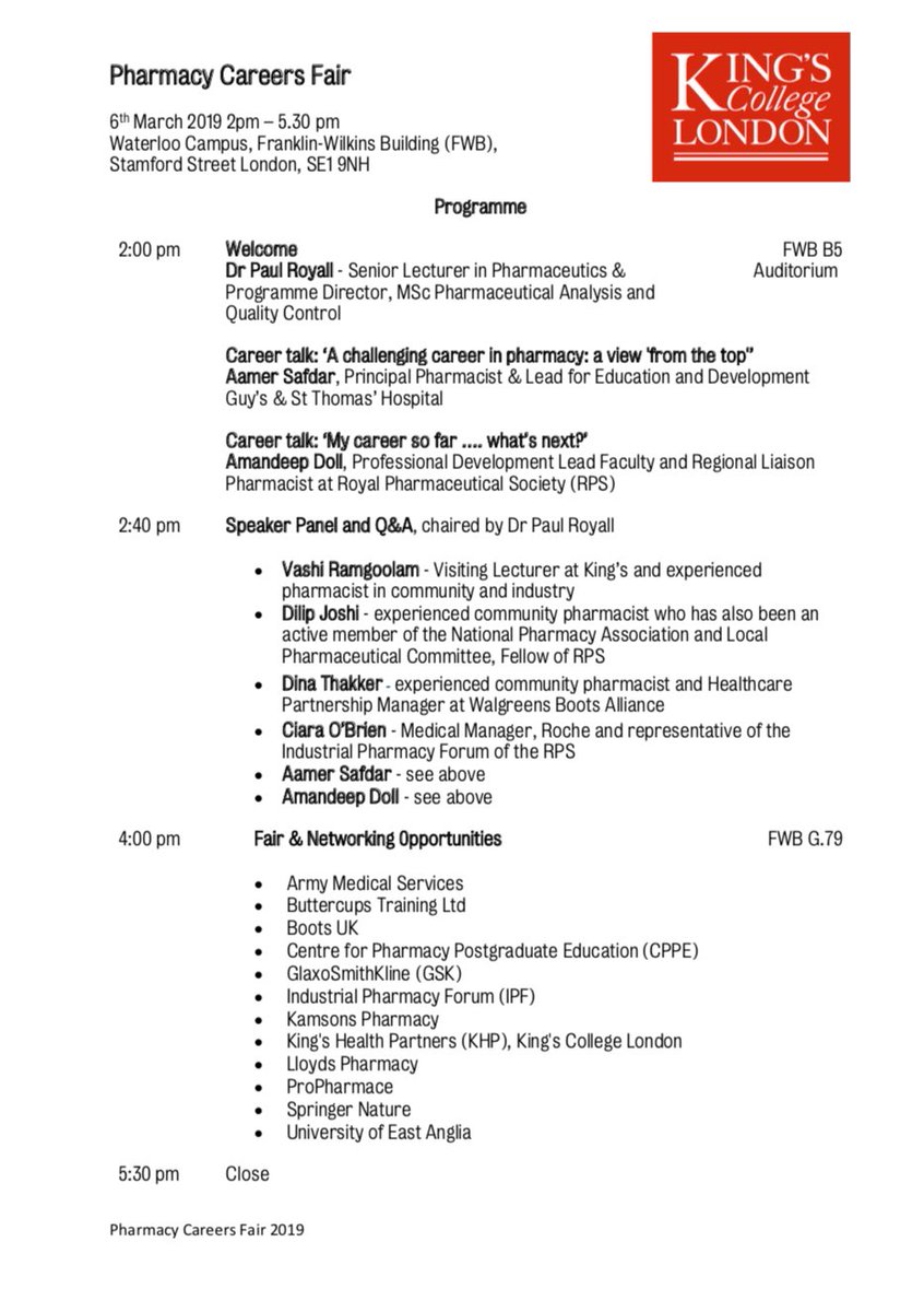 Paul Royall (@paul_royall) on Twitter photo <a href="/KCL_Pharmacy/">King's College London Pharmacy 🌈</a> MPharms; worried about organising summer work in a pharmacy setting - come and ask for advice from the panelist’s at today’s careers fair: 2:00pm B5 FWB <a href="/KCL_Pharmacy/">King's College London Pharmacy 🌈</a> MPharms; worried about organising summer work in a pharmacy setting - come and ask for advice from the panelist’s at today’s careers fair: 2:00pm B5 FWB