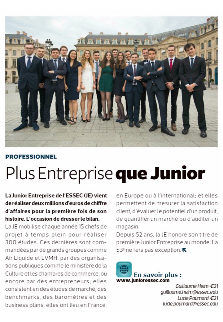 JuniorESSEC's tweet image. En janvier dernier, @essecalumni publiait un article dans #ESSEC Reflets Magazine, présentant Junior ESSEC. Études de marché, CAC 40, international : retour en quelques mots sur les prestations que nous proposons à nos clients ⬇️ #ESSECalumni