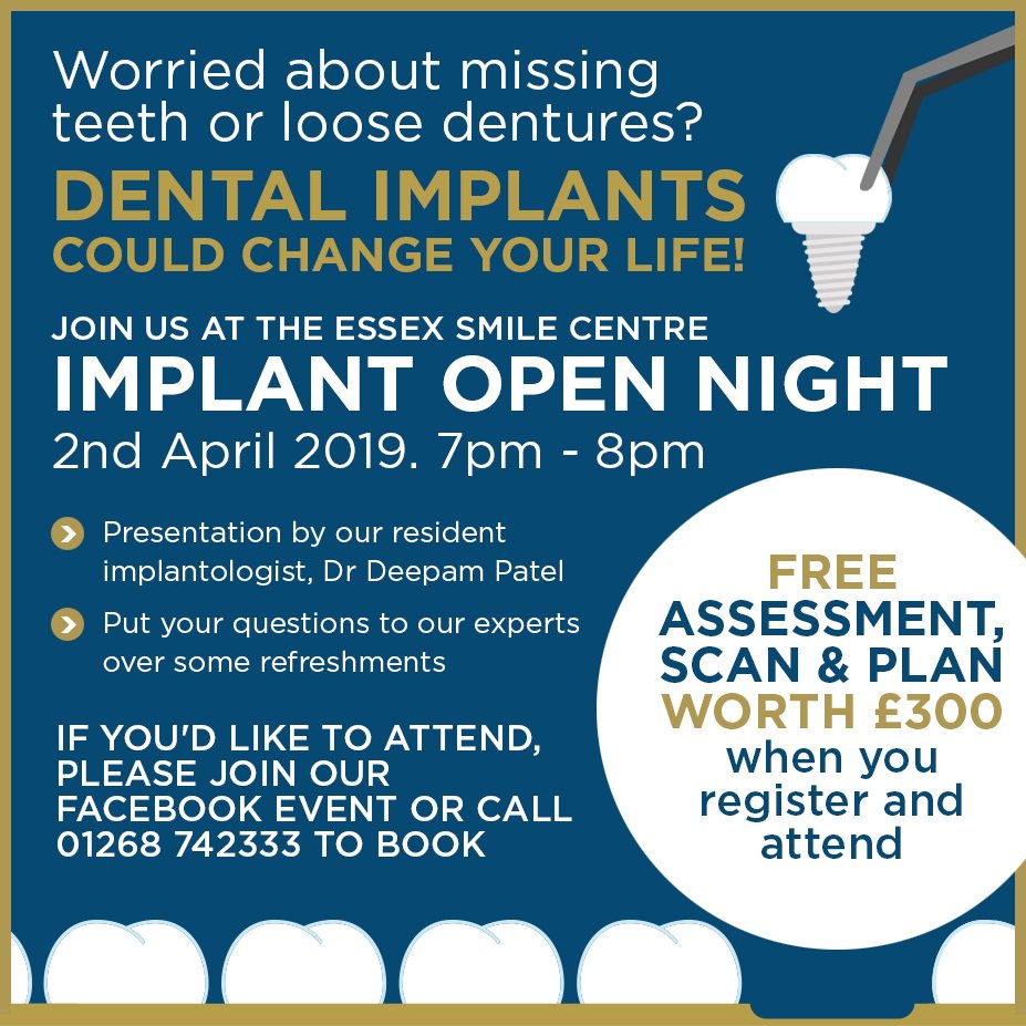 EssexDentists's tweet image. Worried about #missingteeth or #loosedentures? #Dentalimplants could change your life!

JOIN US FOR OUR #IMPLANTOPENNIGHT - 2nd April 2019. 7pm - 8pm.

FREE ASSESSMENT, SCAN &amp;amp; PLAN WORTH £300 when you register and attend.

Register here: essexdentist.co.uk/implant-open-n…