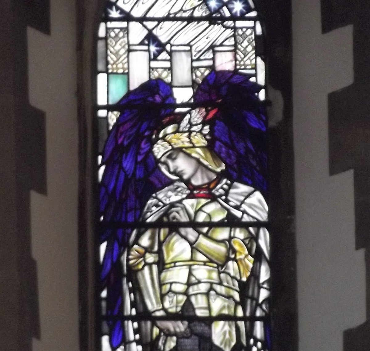 Blue wings on this angel 'Power' from west window by #ChristopherWhall 1914 #StMichaelsChurch  #Bournemouth #Dorset #BlueinChurches #AnimalsinChurches #AnimalsinChurchesHour
