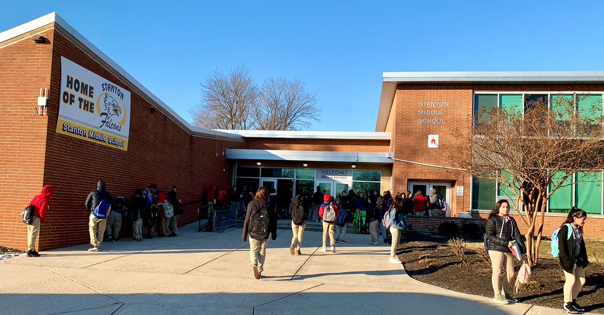 RedClaySchools's tweet photo. Good Morning Red Clay! Hello from Stanton Middle School! It may be cold outside, but our Falcon scholars and staff are ready for an amazing day! @StantonFalcons #StantonSOARS https://t.co/fJnyjKP0X8