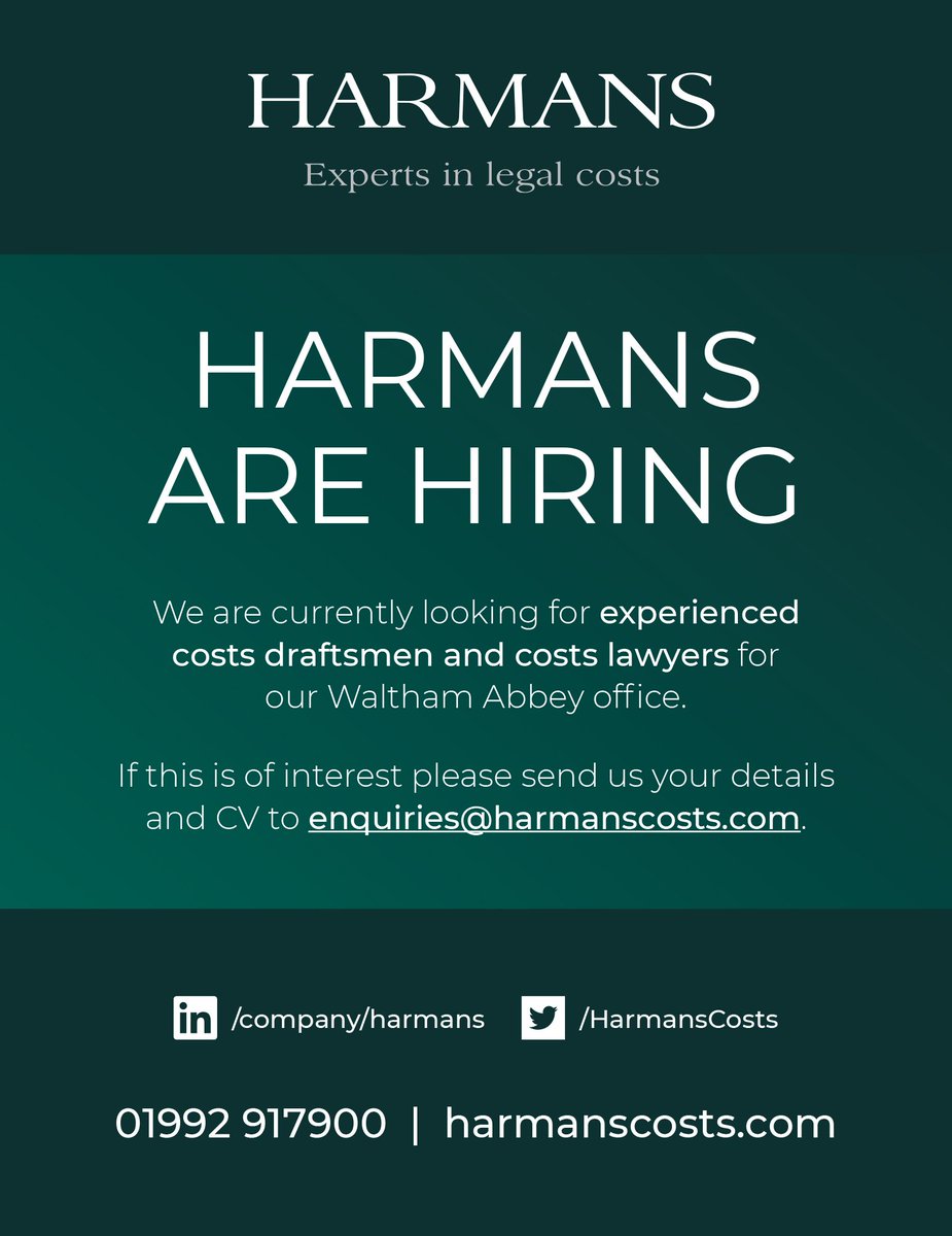 HarmansCosts's tweet photo. Harmans are hiring! We are currently looking for experienced costs draftsmen/costs lawyers for our Waltham Abbey office - apply here ⬇️ https://t.co/aCRERxr2kg #careers #recruiting #hiring https://t.co/k54MDukJW9