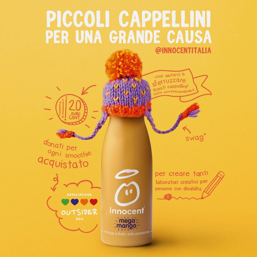 dentsuIT's tweet photo. 'Tanto di cappellino' è una vera catena solidale. In inverno innocent veste le sue bottigliette con cappellini di lana realizzati a mano da volontari. Per ogni bottiglia venduta con il suo cappellino verranno versati 0,20€ alla Onlus Outsider di Torino
#Vizeum #TantoDiCappellino https://t.co/B7PQbLM2bs