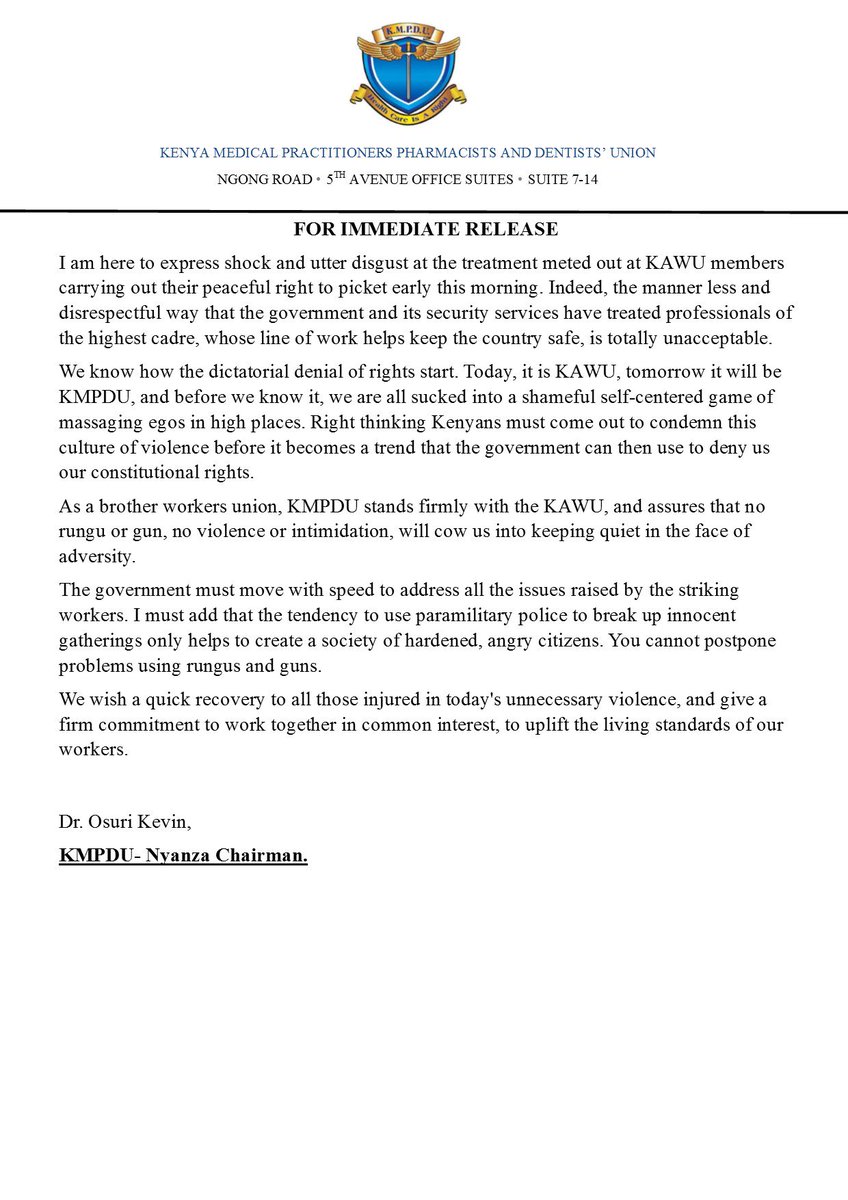 KMPDU-Nyanza (@kmpdun) on Twitter photo We condemn the way the Government has handled the KAWU strike <a href="/StandardKenya/">The Standard Digital</a> <a href="/Dalafmkenya/">Dala FM Kenya</a> <a href="/LolweTv/">Lolwe Tv Kenya</a> <a href="/RNamlolwe2007/">Radio Namlolwe2007</a> <a href="/NationBreaking/">Nation Breaking News</a> <a href="/KTNKenya/">Ktn</a> <a href="/citizentvkenya/">Citizen TV Kenya</a> <a href="/RamogiFM/">RamogiFM</a> <a href="/TheStarKenya/">TheStarKenya</a> <a href="/fnoluga/">Dr. Ouma Oluga, OGW</a> <a href="/NPSOfficial_KE/">National Police Service-Kenya</a> <a href="/StateHouseKenya/">State House Kenya</a> We condemn the way the Government has handled the KAWU strike <a href="/StandardKenya/">The Standard Digital</a> <a href="/Dalafmkenya/">Dala FM Kenya</a> <a href="/LolweTv/">Lolwe Tv Kenya</a> <a href="/RNamlolwe2007/">Radio Namlolwe2007</a> <a href="/NationBreaking/">Nation Breaking News</a> <a href="/KTNKenya/">Ktn</a> <a href="/citizentvkenya/">Citizen TV Kenya</a> <a href="/RamogiFM/">RamogiFM</a> <a href="/TheStarKenya/">TheStarKenya</a> <a href="/fnoluga/">Dr. Ouma Oluga, OGW</a> <a href="/NPSOfficial_KE/">National Police Service-Kenya</a> <a href="/StateHouseKenya/">State House Kenya</a>