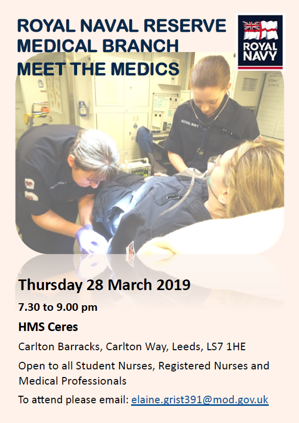 NHSEArmedForces's tweet photo. Get involved in #MilitaryMarch by expanding your knowledge of the Royal Navy Reserves! Meet medical staff at an event hosted by @HMSCeres in Leeds on 28 March – email elaine.grist391@mod.gov.uk for more info and to book a place #MilitaryMarch #ReservistsReady https://t.co/kxME7d5cgD