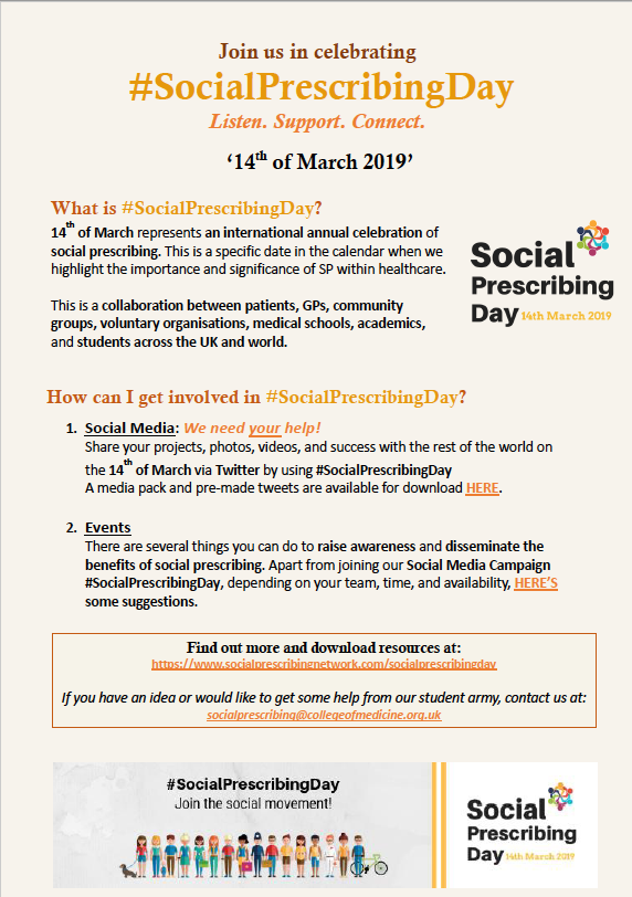 SP_champScheme's tweet photo. We kindly ask our friends, and all social prescription enthusiasts to help us in spreading the word of all the benefits of #SocialPrescribing. Find attached an invitation to collaborate and celebrate the first ever Social Prescribing Day on the 14th of March 2019. https://t.co/Hplas1wwZo