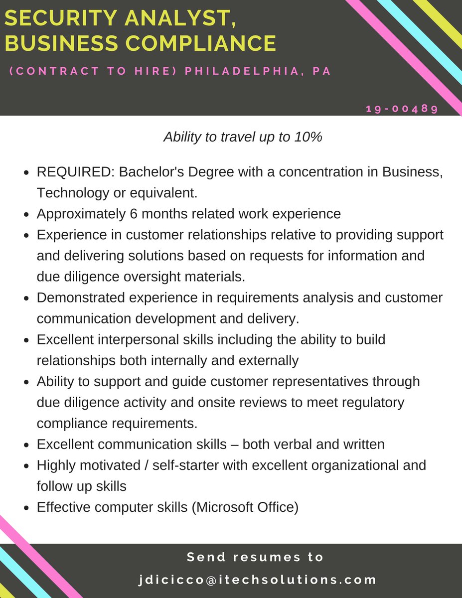 iTechSolutions_'s tweet image. We are looking for a Security Analyst (Business Compliance) for a Contract to Hire position in Philadelphia, PA. #SystemAnalayst #SAjobs #SystemsAnalystJobs #JobSearch #JobHunt #JobOpening #Hiring #NowHiring #Careers #Employment #TweetMyJobs #ITStaffing

buff.ly/2SLsQ6t