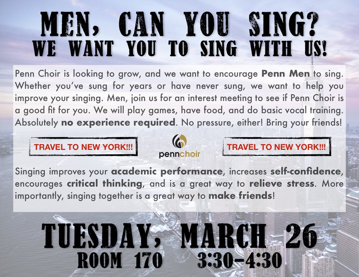 Calling all Penn Men! We want you to sing with us. Come to an interest meeting on March 26 after school. <a href="/PennTheatre/">Penn Theatre</a> <a href="/The_Pennant/">Penn Kingsmen Sports</a> <a href="/PennPride365/">Penn High School</a> @KingsmenBands Bring your friends!
