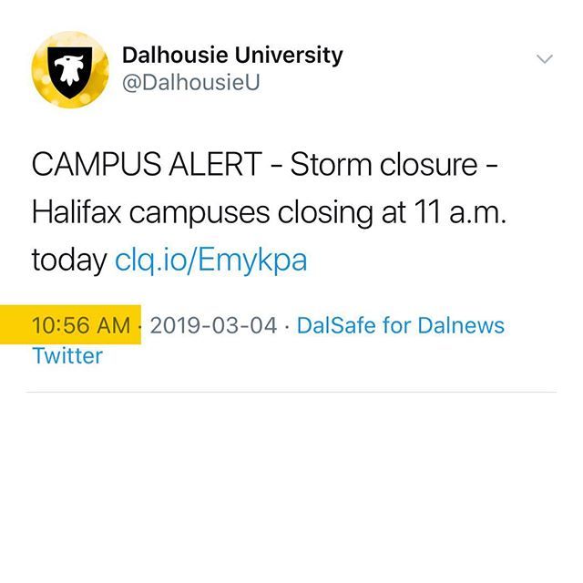 halifaxnoise's tweet photo. Hope you don’t leave for class yet ... dal just closed.
.
.
With 4 minutes notice... https://t.co/y378rbyiLy https://t.co/CYbAtZWlzy