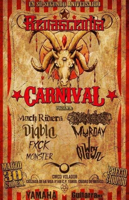 <a href="/Renascentia_mx/">Renascentia MX</a> celebra su segundo aniversario con un #RenascentiaCarnival <a href="/wryclownband/">Wry Clown</a>  #Exxxecutor  #MarchRiders  #DiablaInc #Murday y @FuckTheMonster 

¿ Te perderás este carnaval siniestro ?

#Yamaha <a href="/yamahademexico/">Yamaha de Mexico</a>  #FamiliaRenascentia #LaEscenaSomosTodos