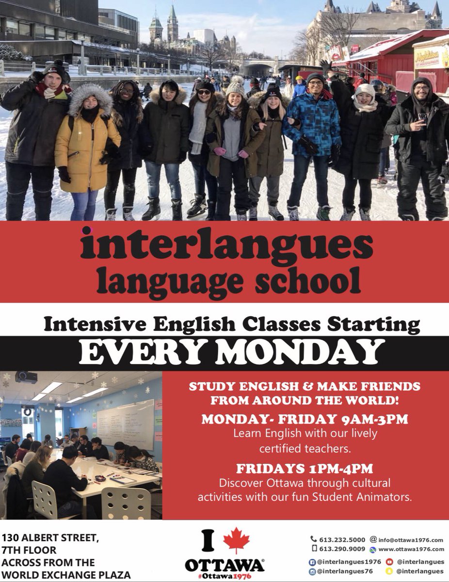 Interlangues76's tweet photo. 📚📝 Intensive English classes starting every Monday. 🗓 
Welcoming all levels! 🤗
#StudyEnglishMakeFriends 🌎 ✨Please contact us for a free trial class at
info@ottawa1976.com🎓🇨🇦💯
#Ottawa1976 🍁 #Ottawagatineau #MyOttawa @Ottawa_Tourism #LearnEnglish #StudyInCanada https://t.co/SRyyofKKb3
