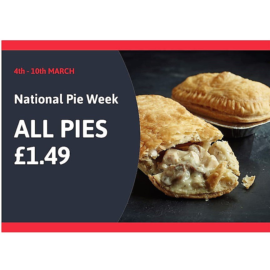 BotleyServices's tweet photo. It's #NationalPieWeek so all of our pies are now just £1.49 - get them while stocks last #pies #hotfood #Botley #A334 #countrychoice https://t.co/Zxd0qnBbN9
