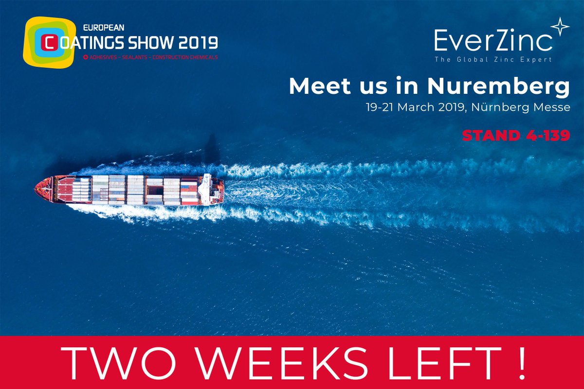 EverZincCompany's tweet photo. 📣The European Coatings Show 2019 starts in 2 weeks in Nuremberg 🇩🇪! Don't forget to stop by our booth 4-139 so that we can show you our wide range of products, from Fine Zinc Powder to Zinc Oxide! #ECS2019 #Coatings #zinc #zincpowder #zincoxide @EC_Journal https://t.co/8TpyvZ8Sf0