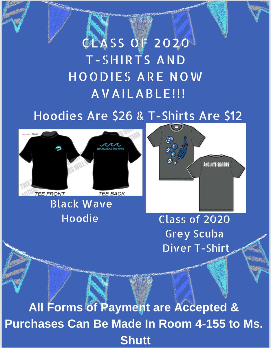AncloteSharks's tweet photo. Hey C/O 2020 your class t-shirts are now available for you to to order along with AHS Hoodies!
#RepTheSharks
#YouDontWantToMissOut
@nymoon1976 @SHARKSCheerAHS @CloteBasketball https://t.co/vy13x32hK3